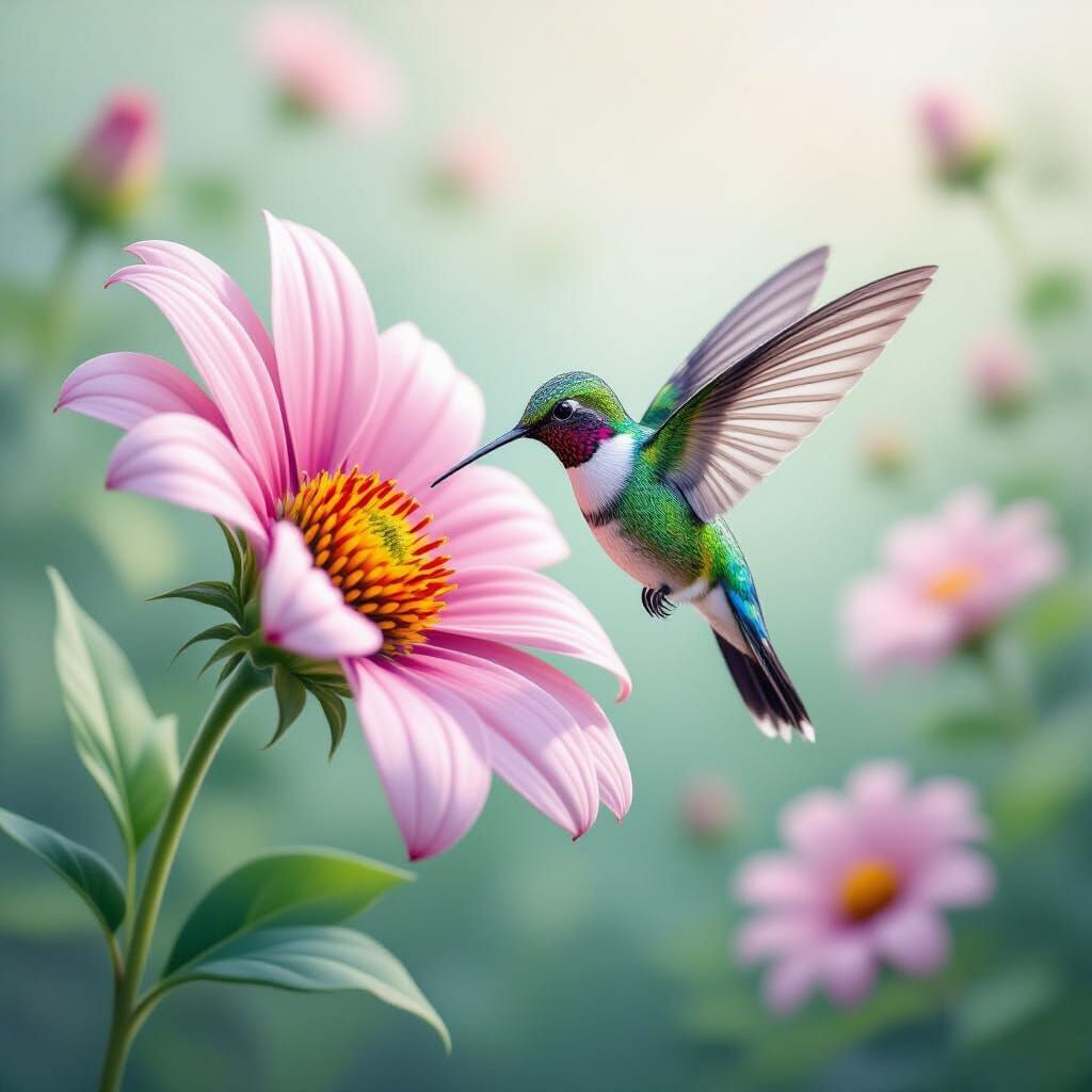 Airbrushed Hummingbird in Impressionistic Garden