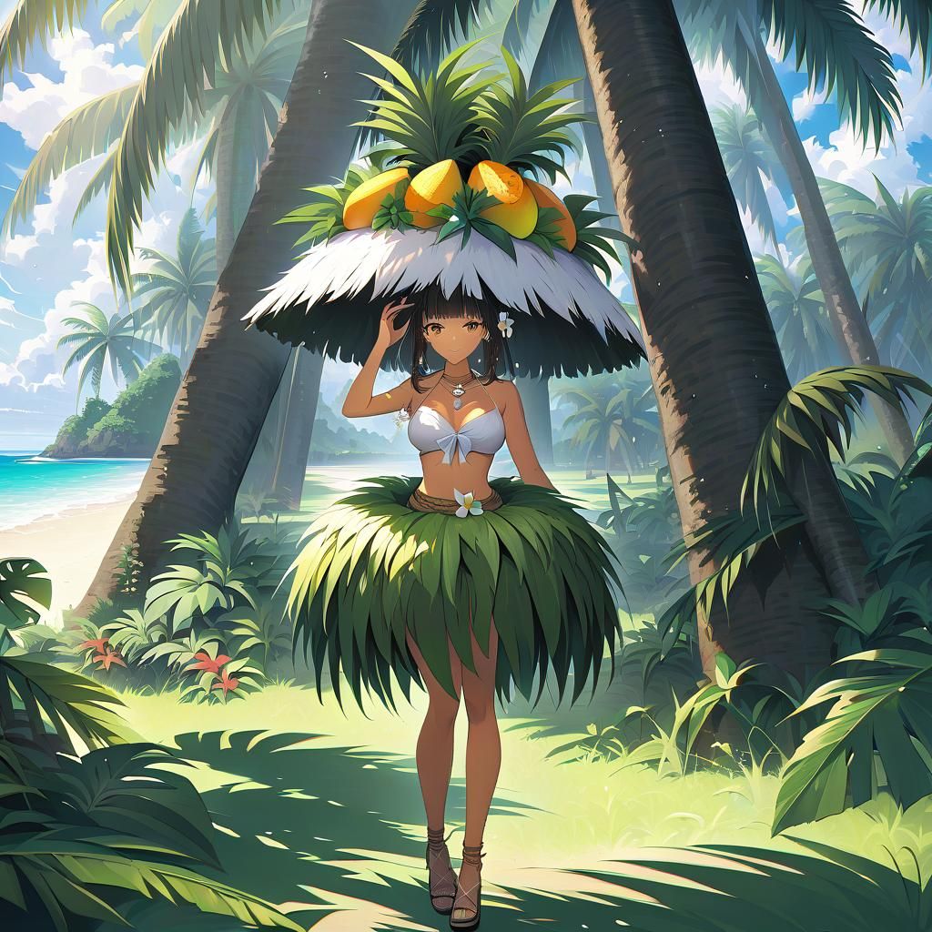 Tropical Girl with Fruit on Head on Island Beach