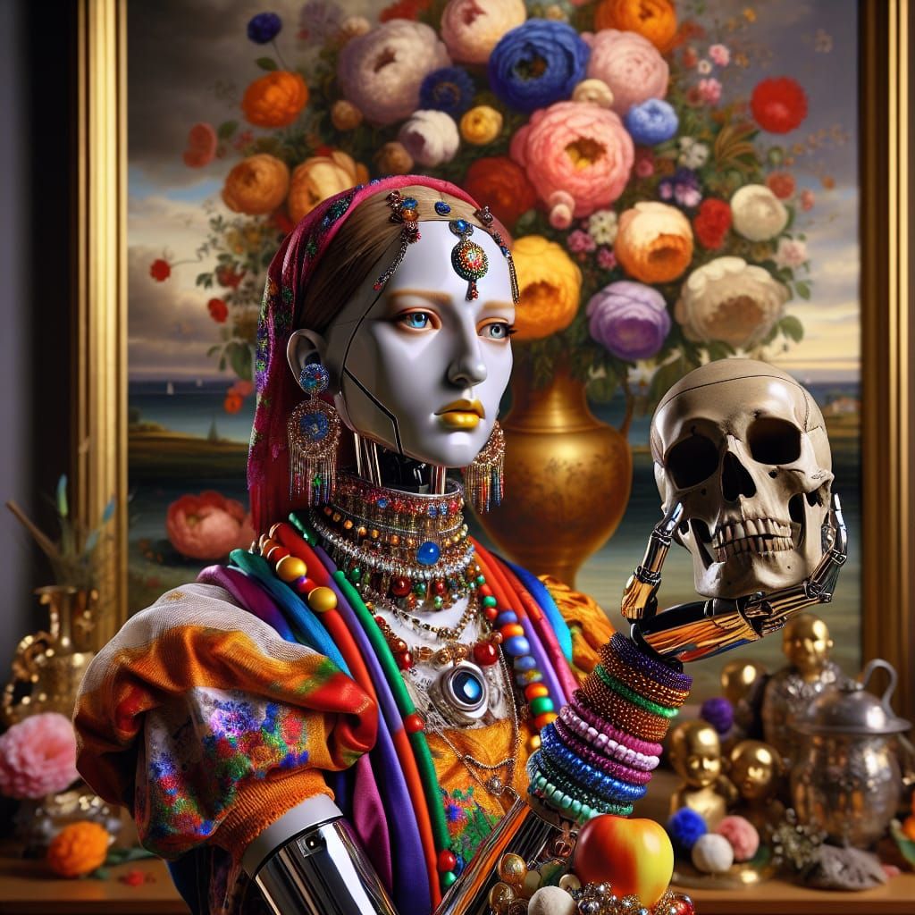 Android in Gypsy Costume with Skull, Dutch Florals