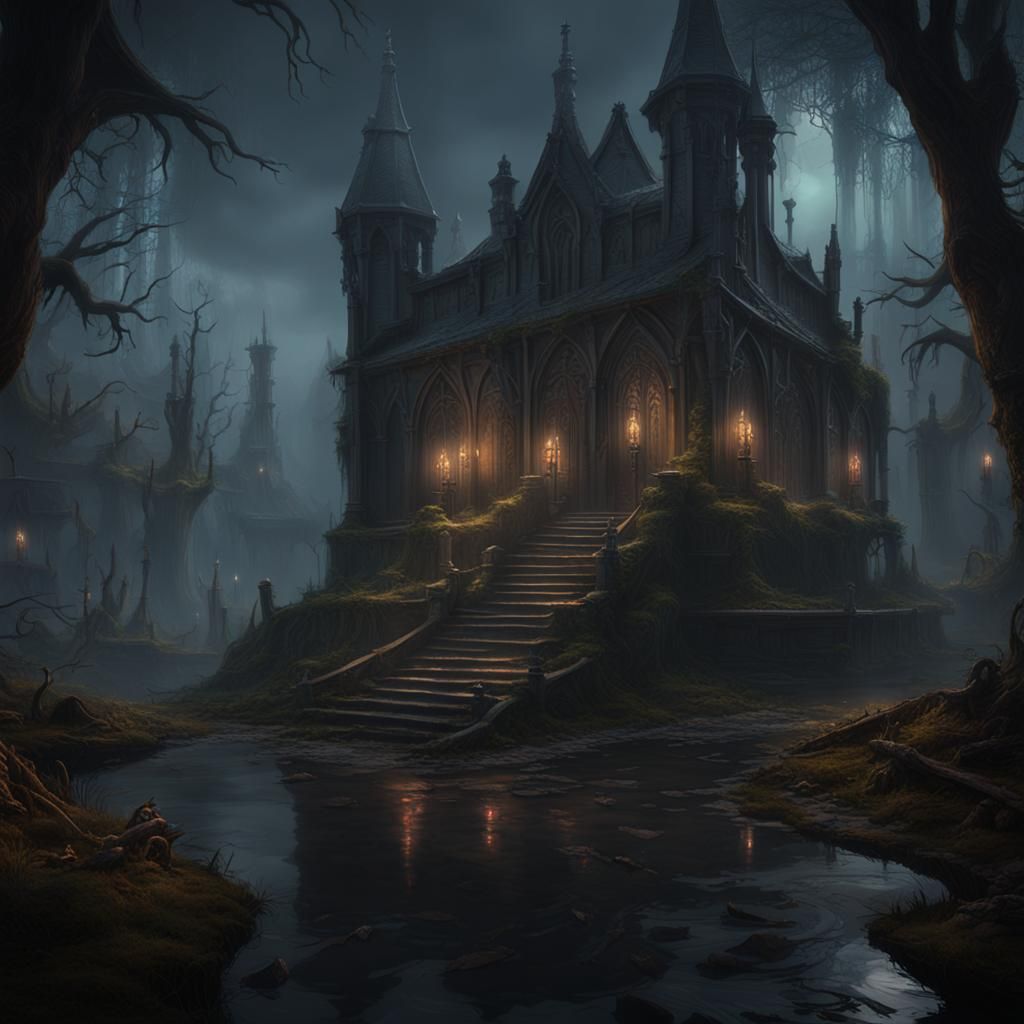 Vampire Crypt in Foggy Swamp: Dark Fantasy Art