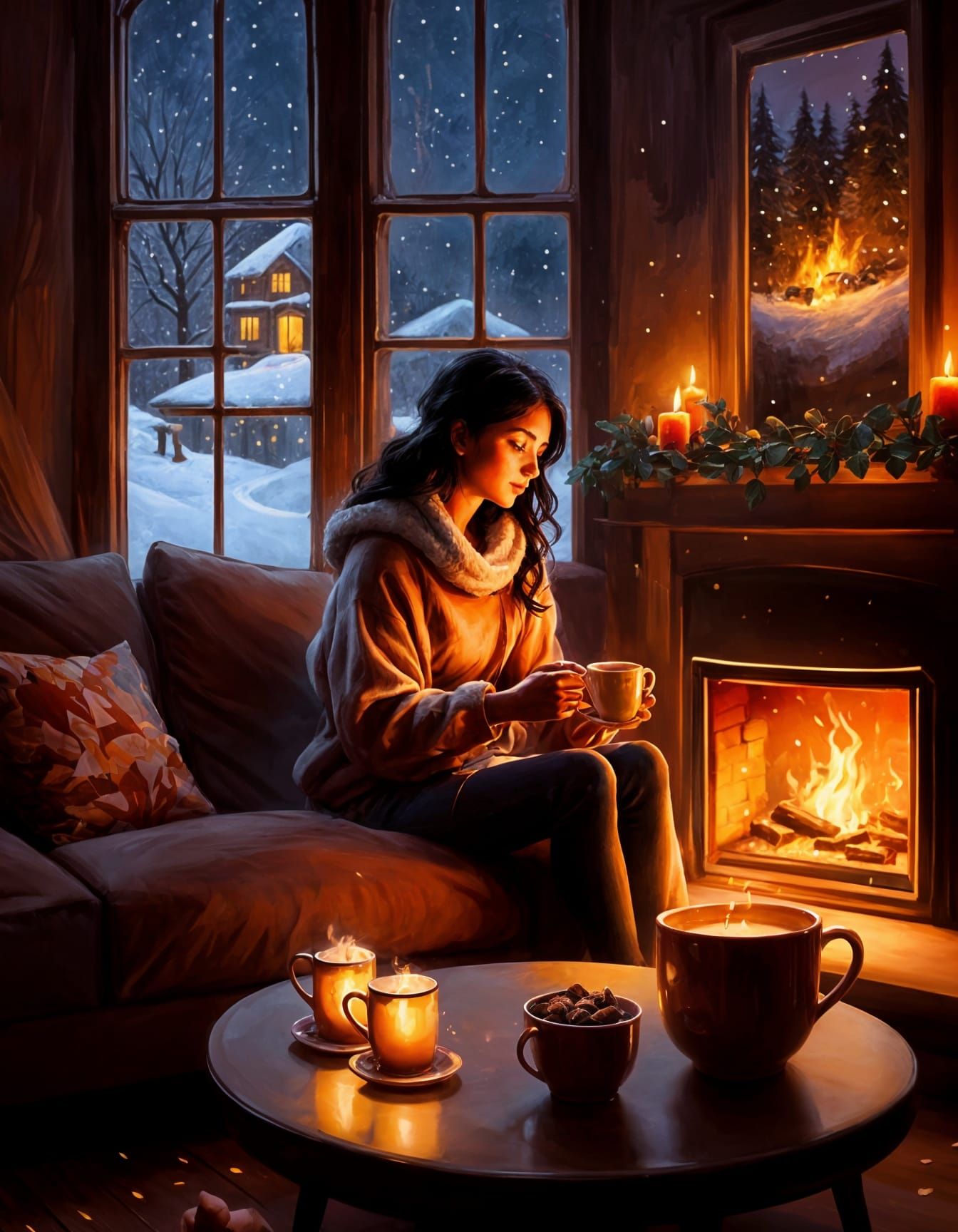 Cozy Fireplace Scene on a Snowy Evening