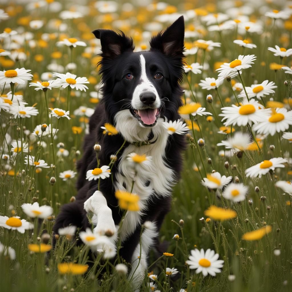Frolicking Border Collies in Daisy Field
