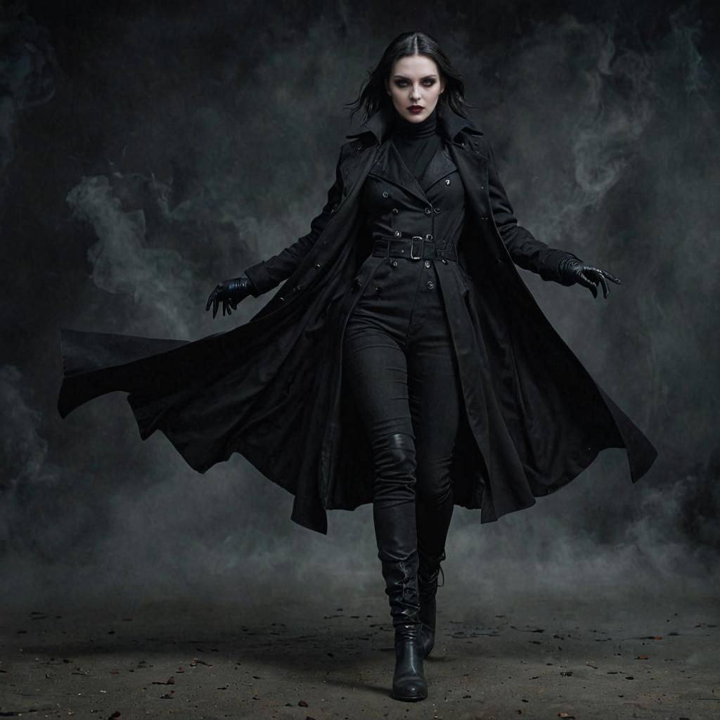 Gothic Vampire Woman in Black Trench Coat