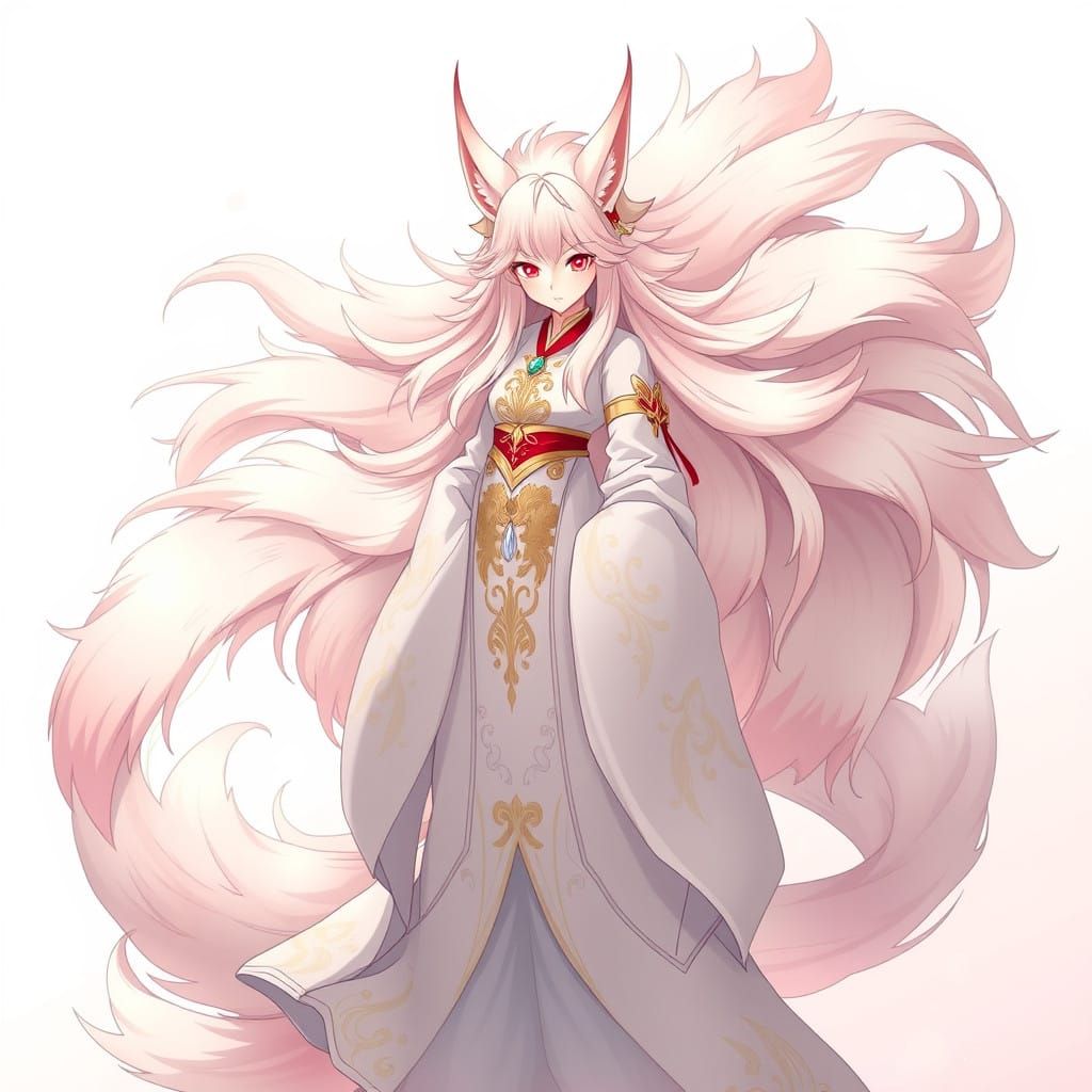 Elegant Nine-Tailed Fox Demon in Anime-Inspired Style