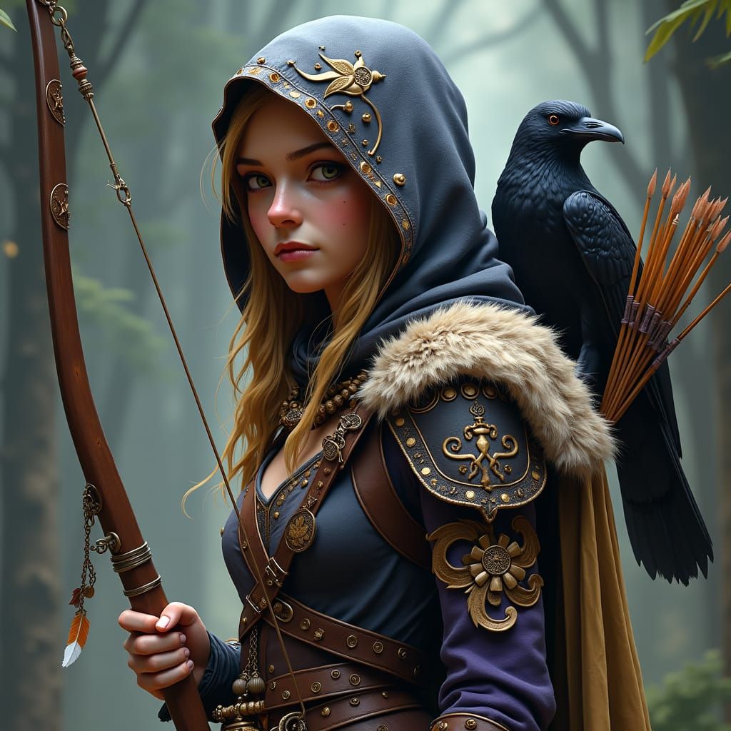 Half-Elf Archer with Raven in Art Nouveau Style