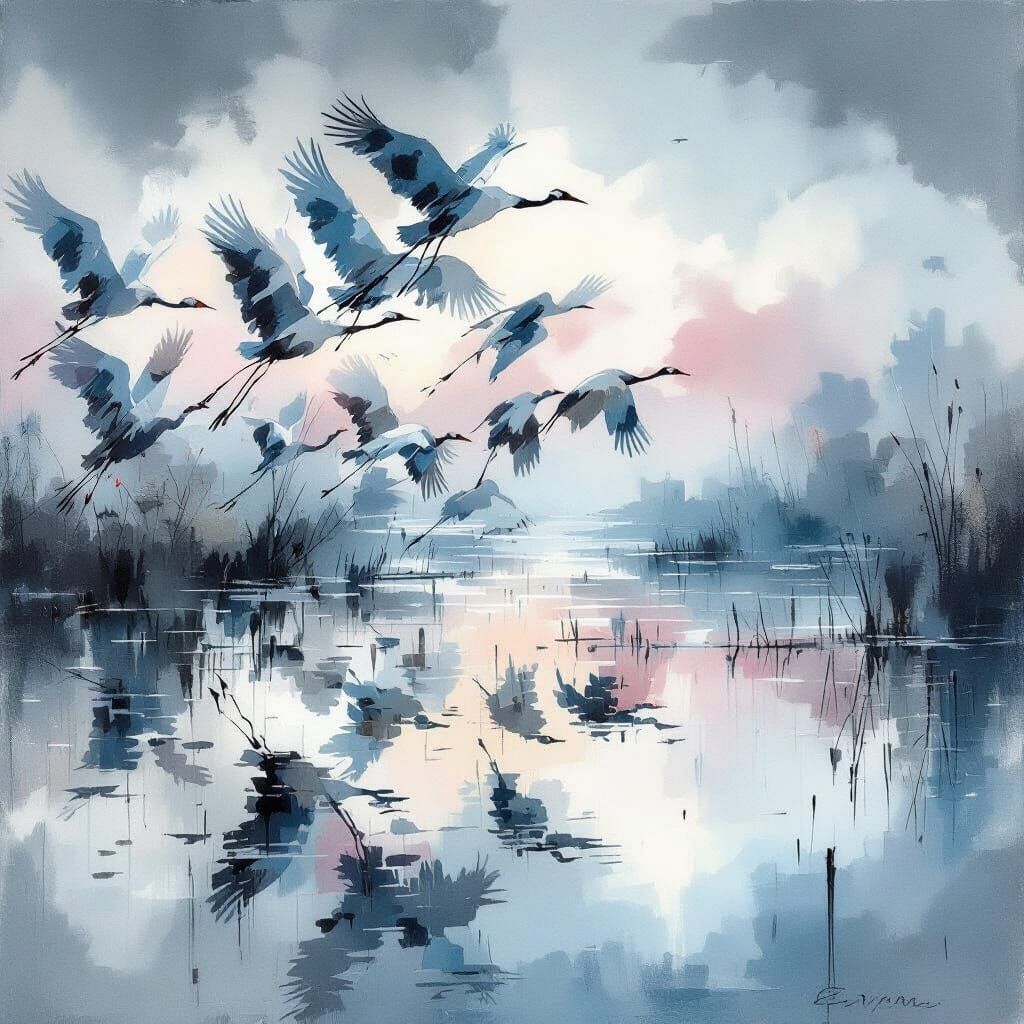 Cranes Take Flight Over Misty Marsh in Expressive Wash Style