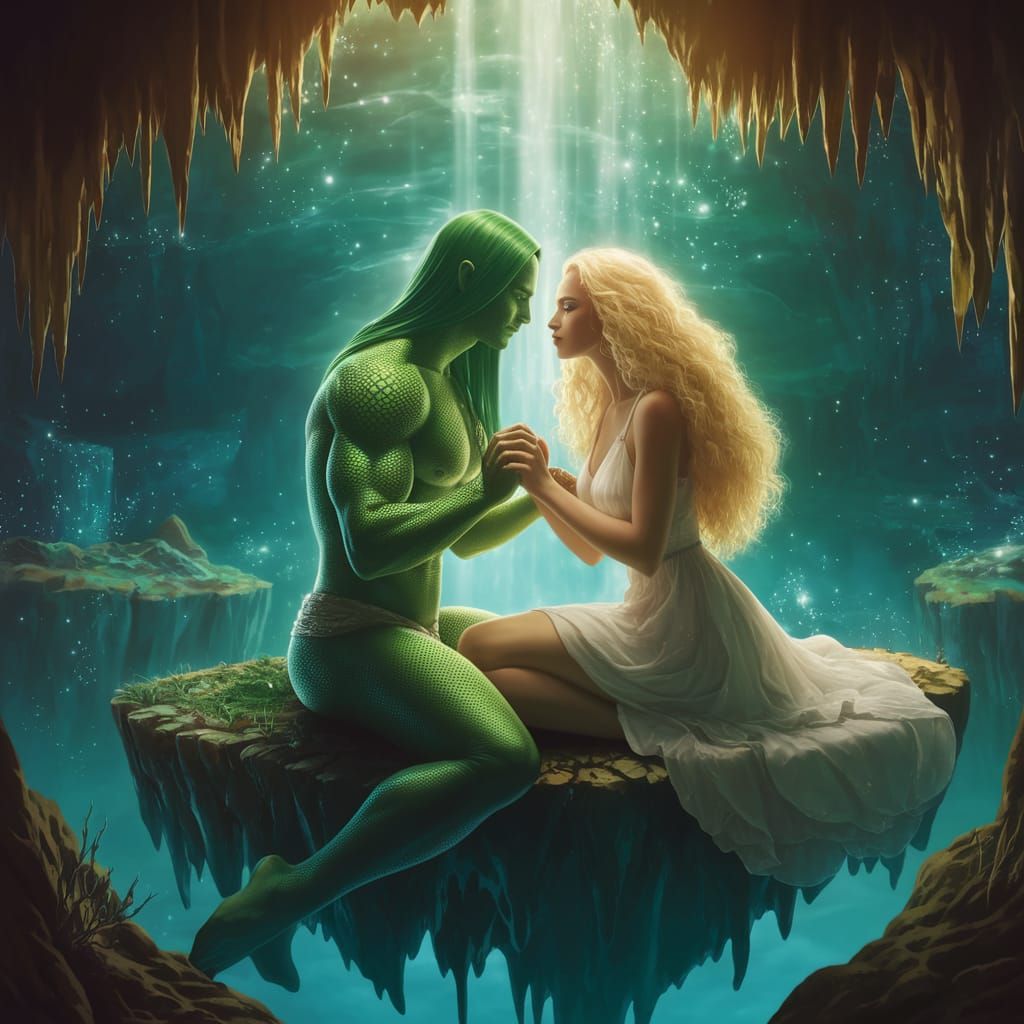 Underwater Cave Scene with Green-Scaled Lovers