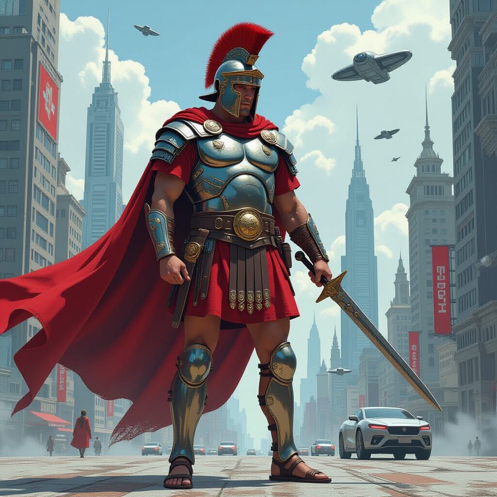 Centurion in Cyberpunk Cityscape, Noir Sci-Fi Style