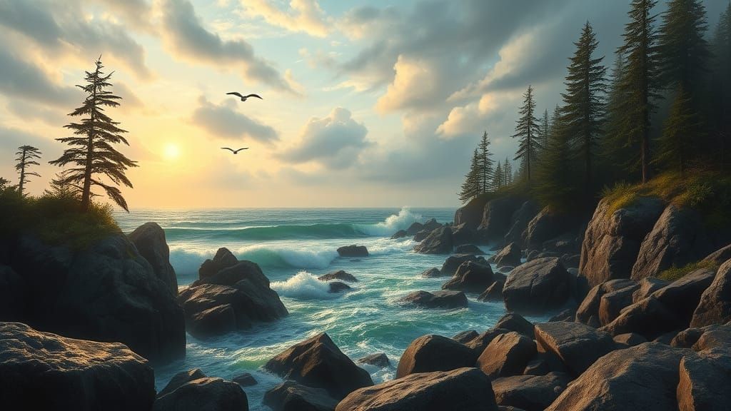 Pacific Northwest Coastal Landscape in Photorealistic Style