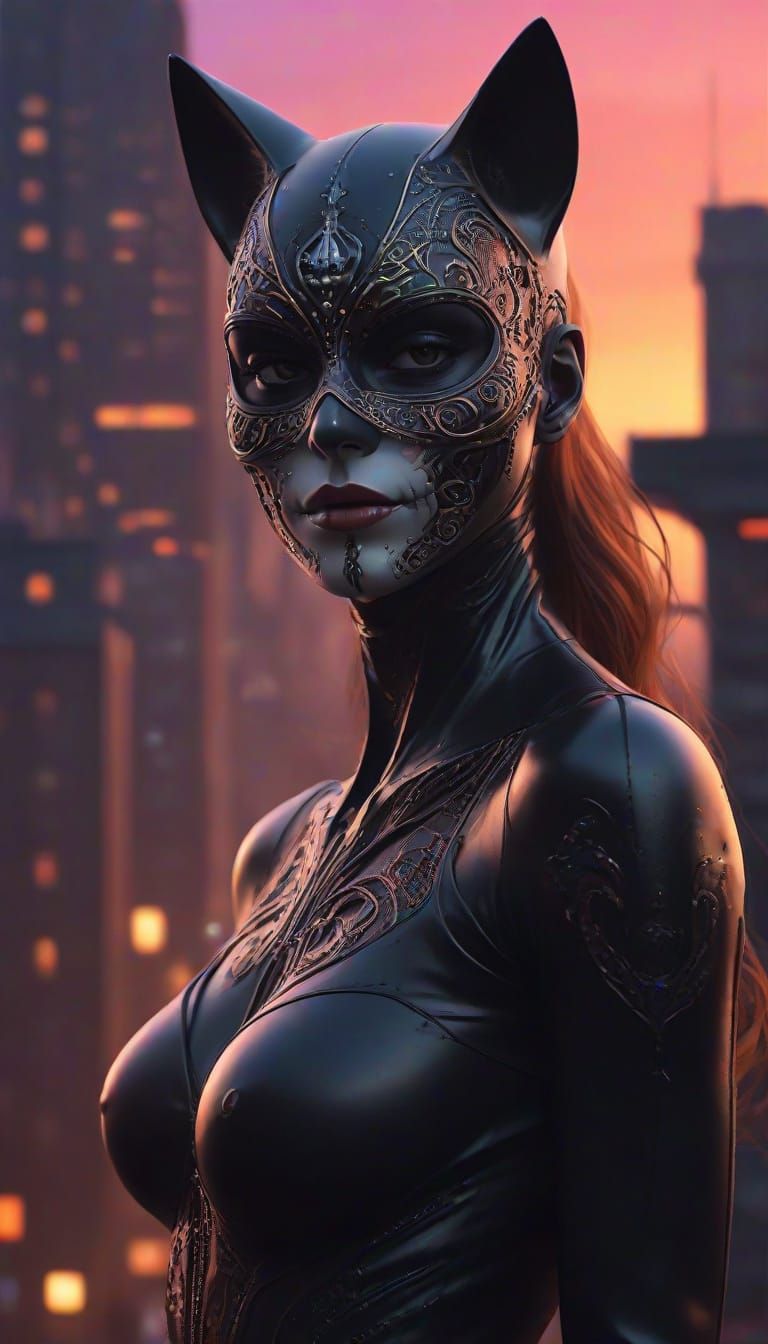 Woman in Skull Mask, Film Noir Cityscape
