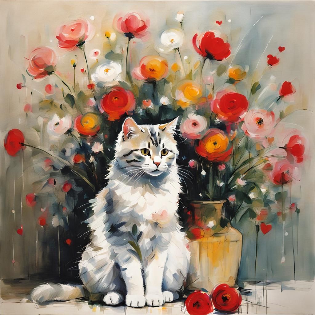 Abstract Cat with Flowers in Scribbled Style