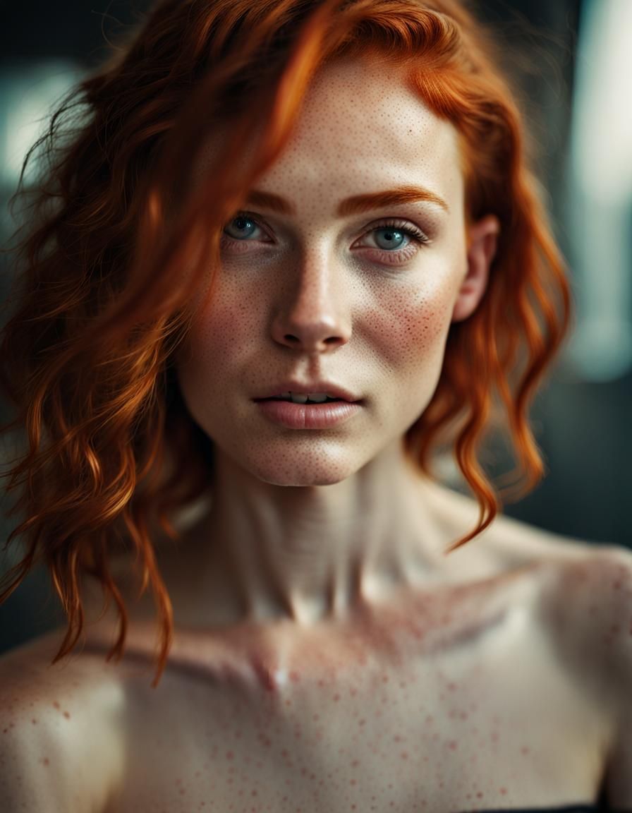 red-haired, young woman, (freckled skin), close-up