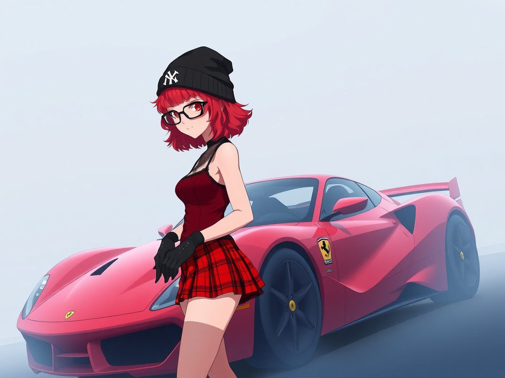 Anime Girl with Red Ferrari in Harajuku Style