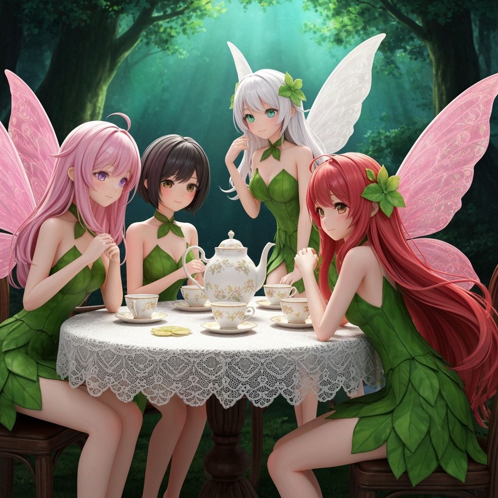 Four Fairies Enjoying a Mystical Forest Tea Party