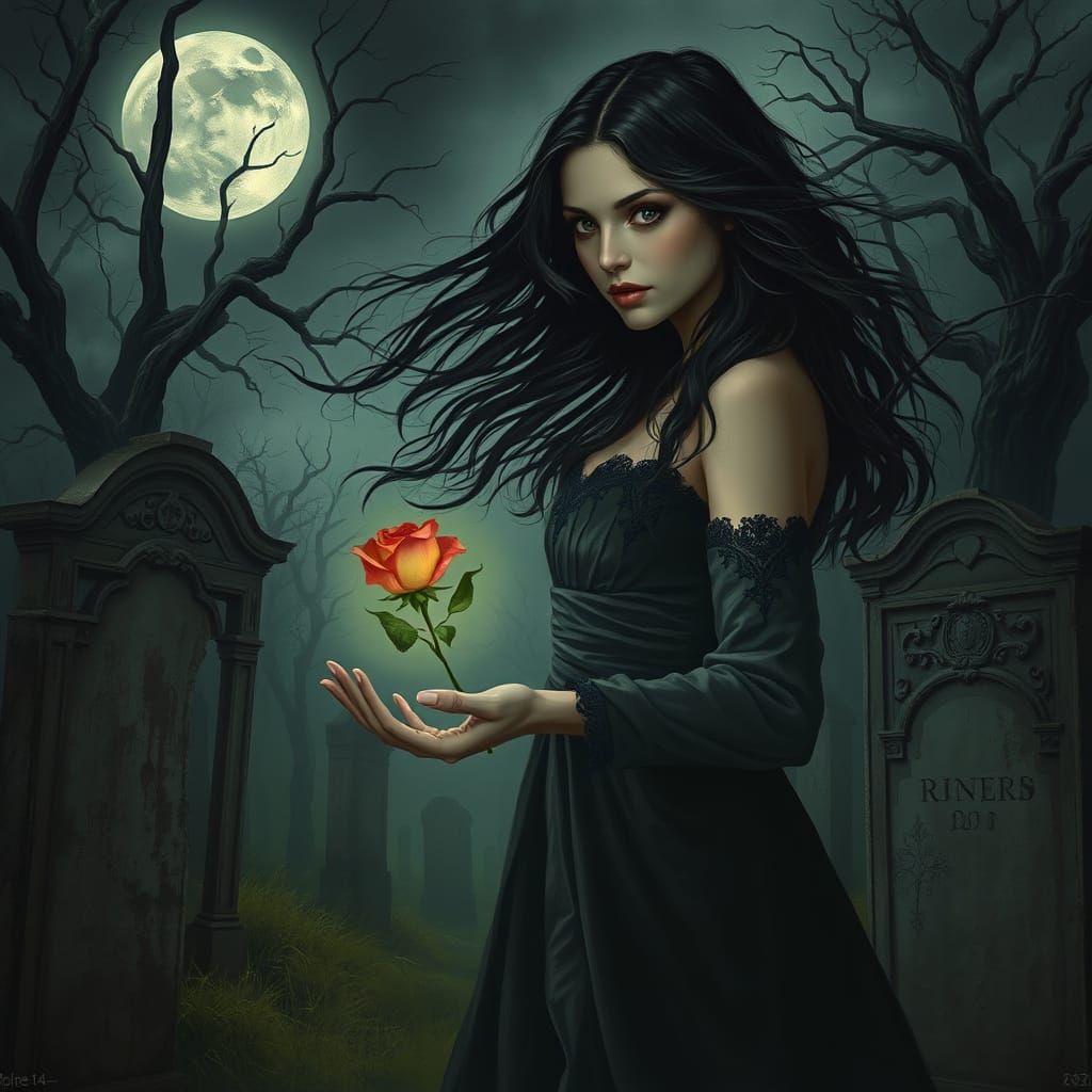Gothic Romance: Spectral Rose in Moonlit Graveyard