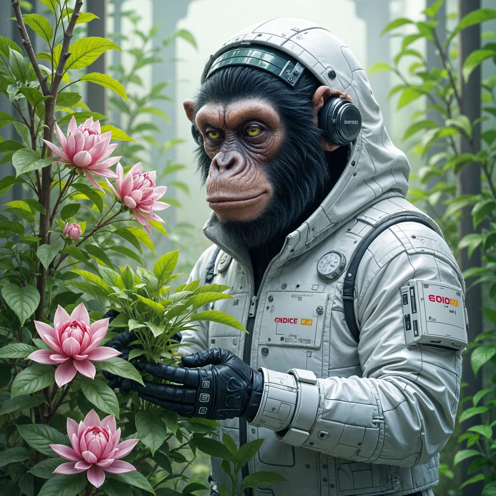 Cyberpunk Ape Tends Bio-Dome Garden in White Suit