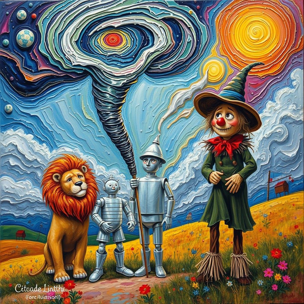 Whimsical Mashup in Neo-Expressionist Style with Lion, Tin M...