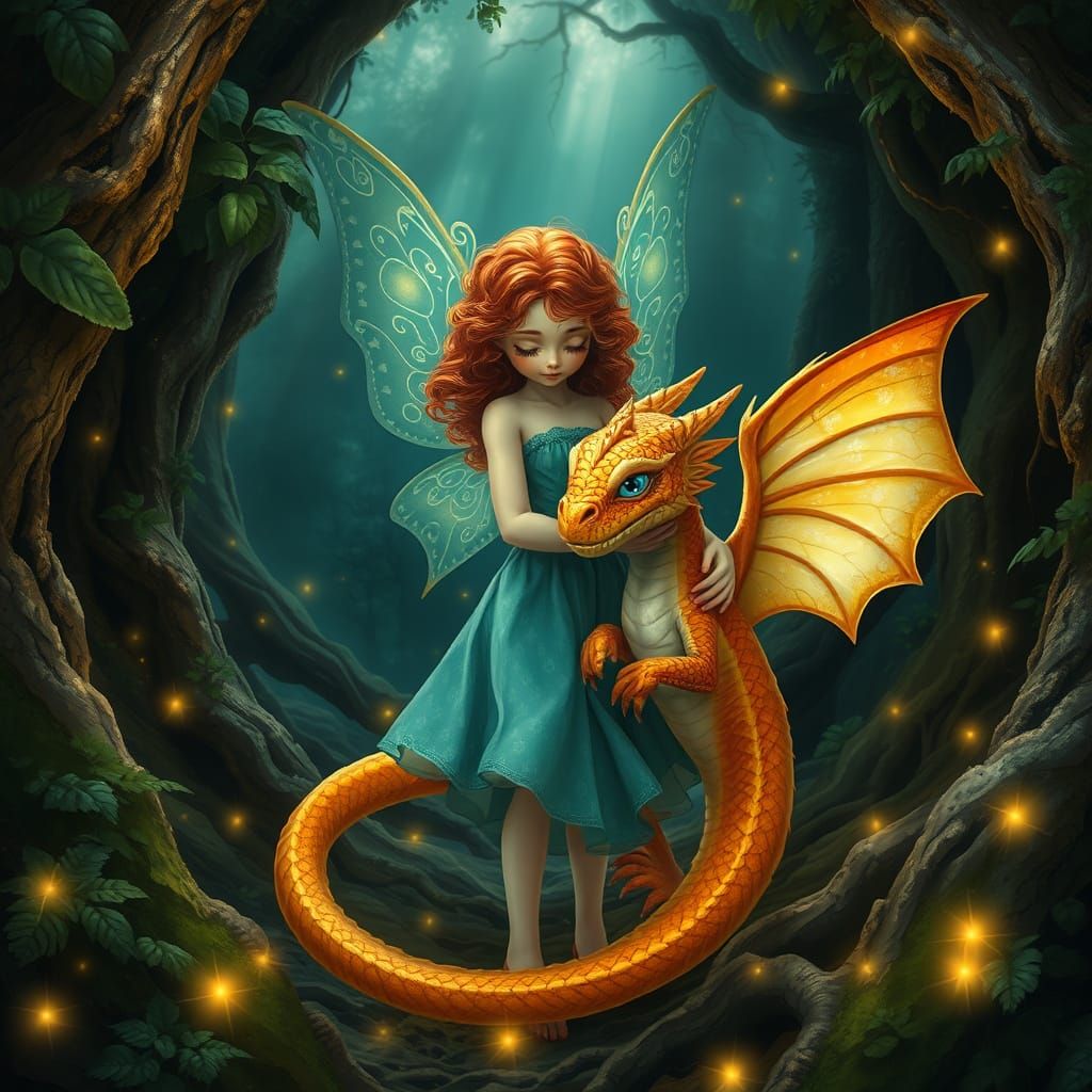 Fairy and Majestic Baby Dragon in a Forest Cave Scene