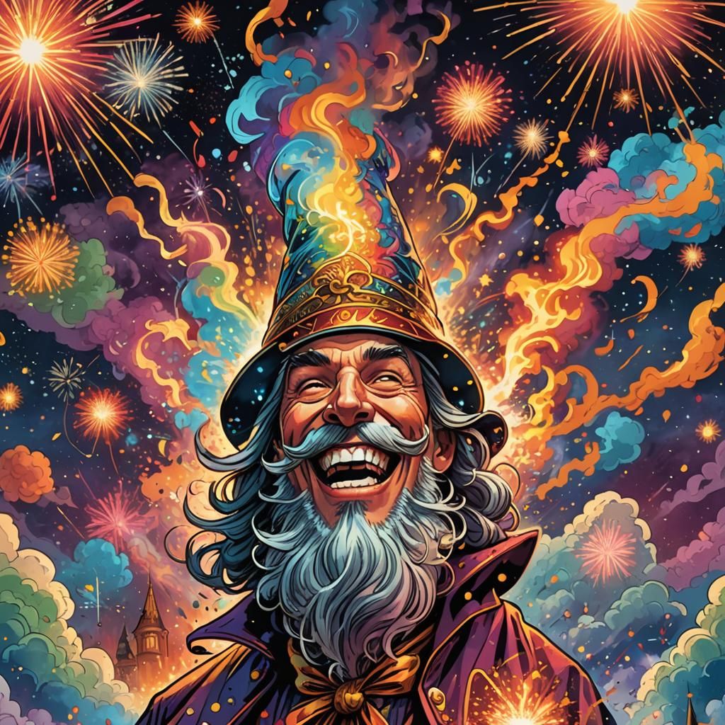 Jolly Wizard Laughing Amidst Fireworks: Comic Book Art