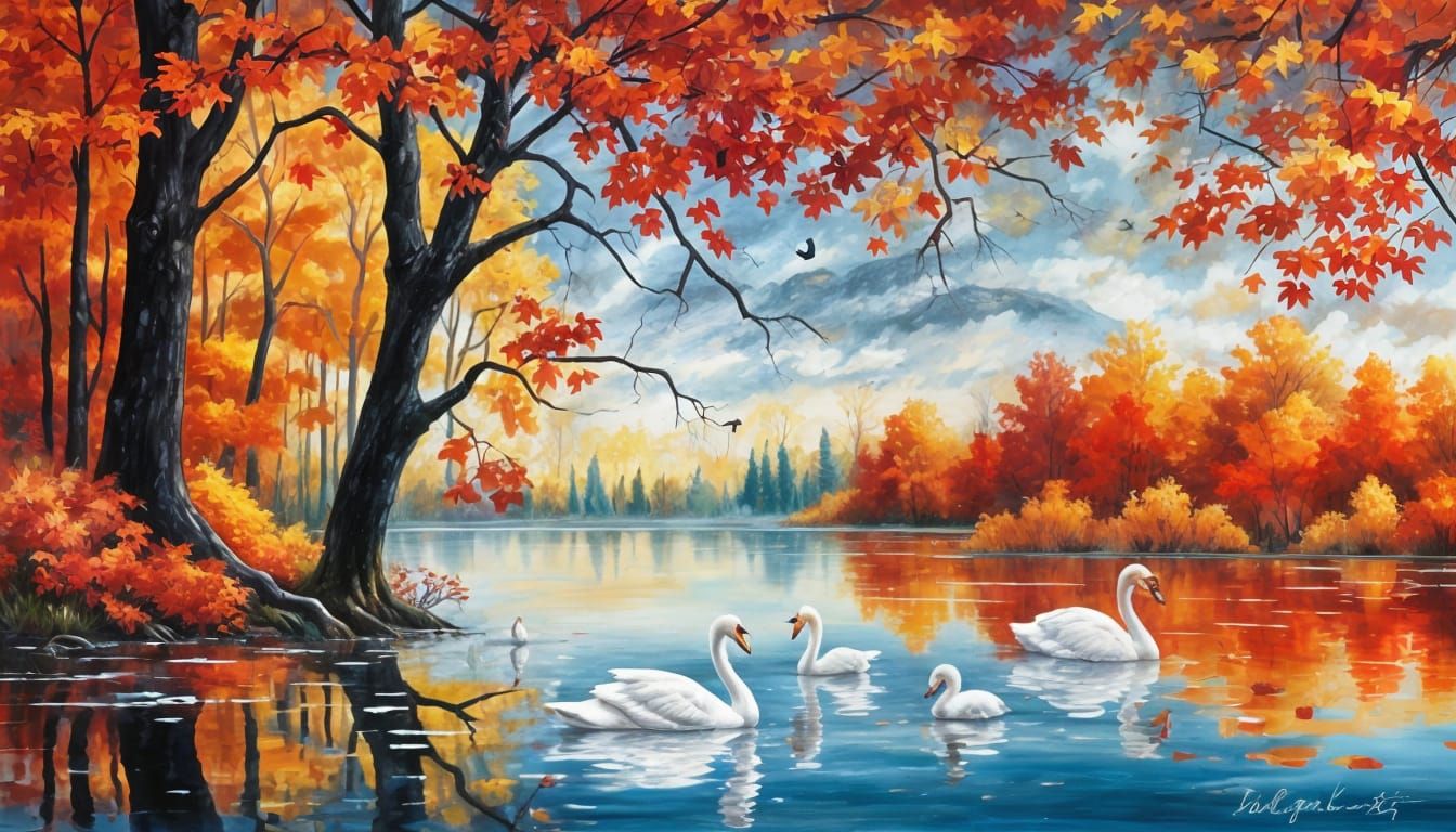 Autumn Lake with Swans: Ethereal Fantasy Art