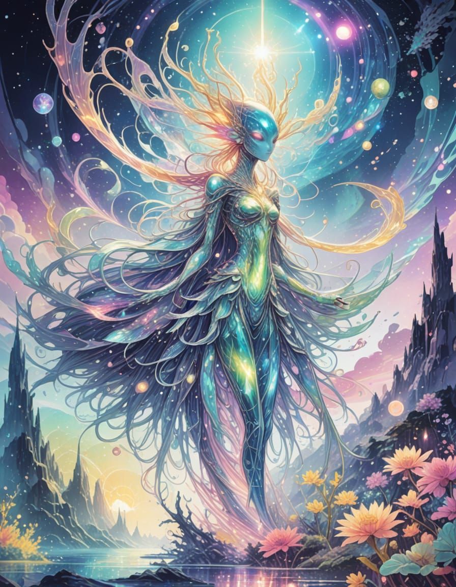 Dreamlike Anime Art of a Water Alien in a Mystical Solar Sys...