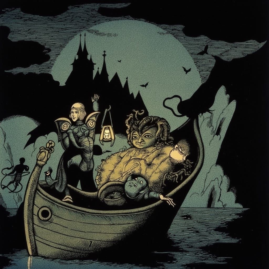 Boat to Hades with Knight, in Dark Fantasy Style