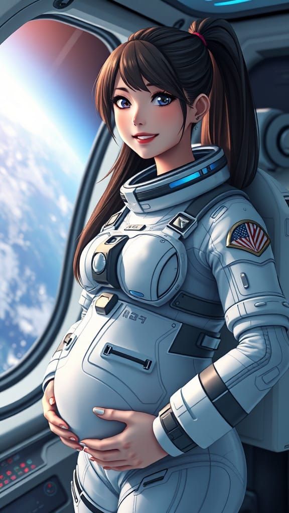Pregnant Astronaut in Futuristic Spacesuit
