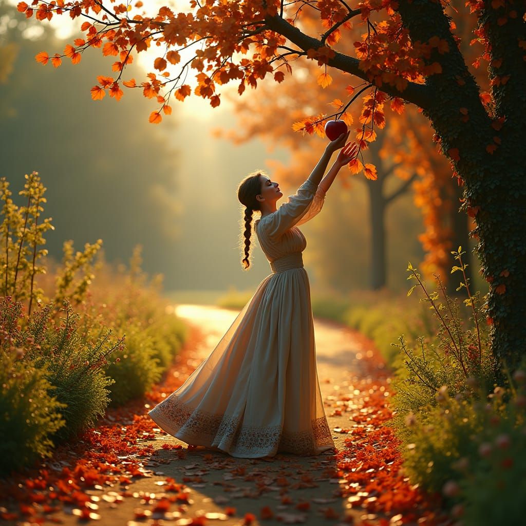 Victorian Woman in Autumn Garden as Matte Painting