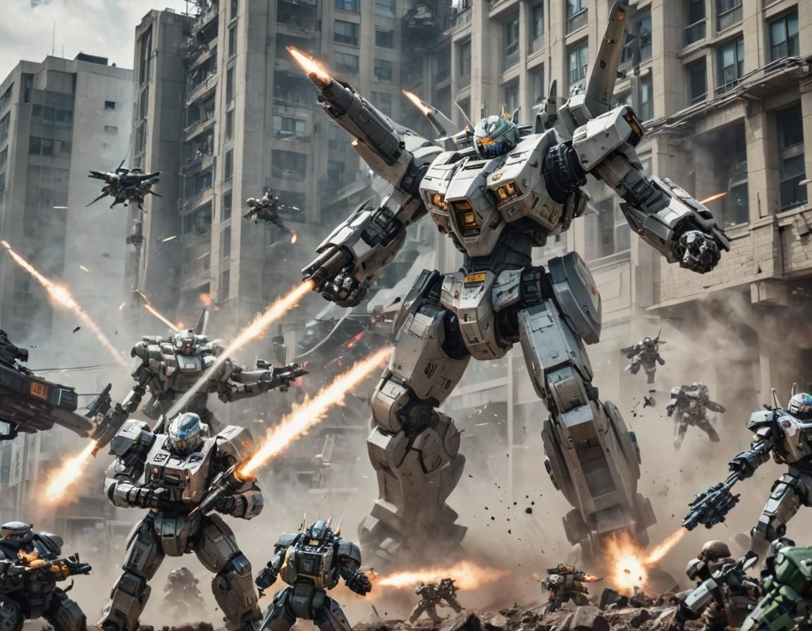 Epic Mech Warrior Battle Distant Wide Shot