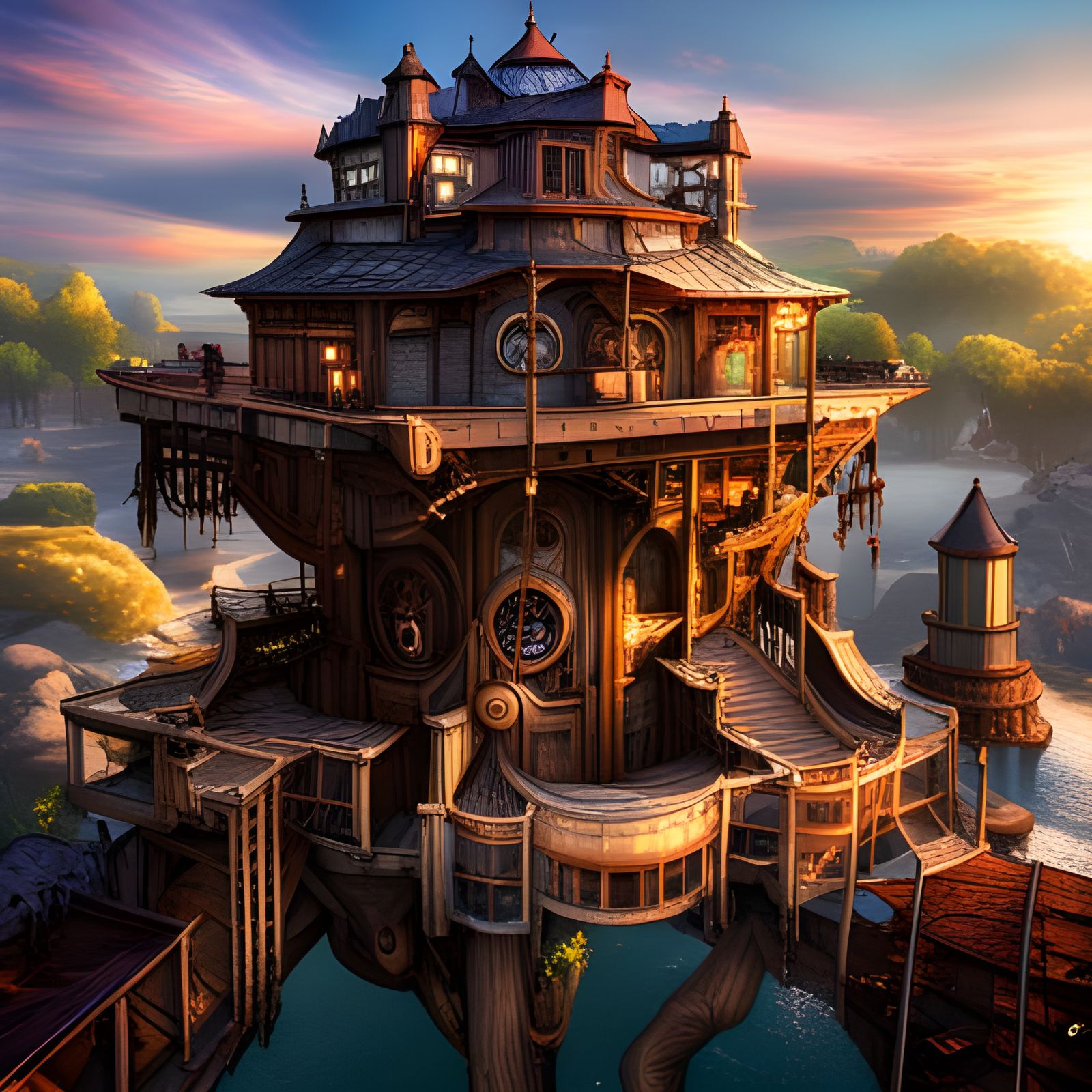 Ornate Steampunk Treehouse Station in 8K