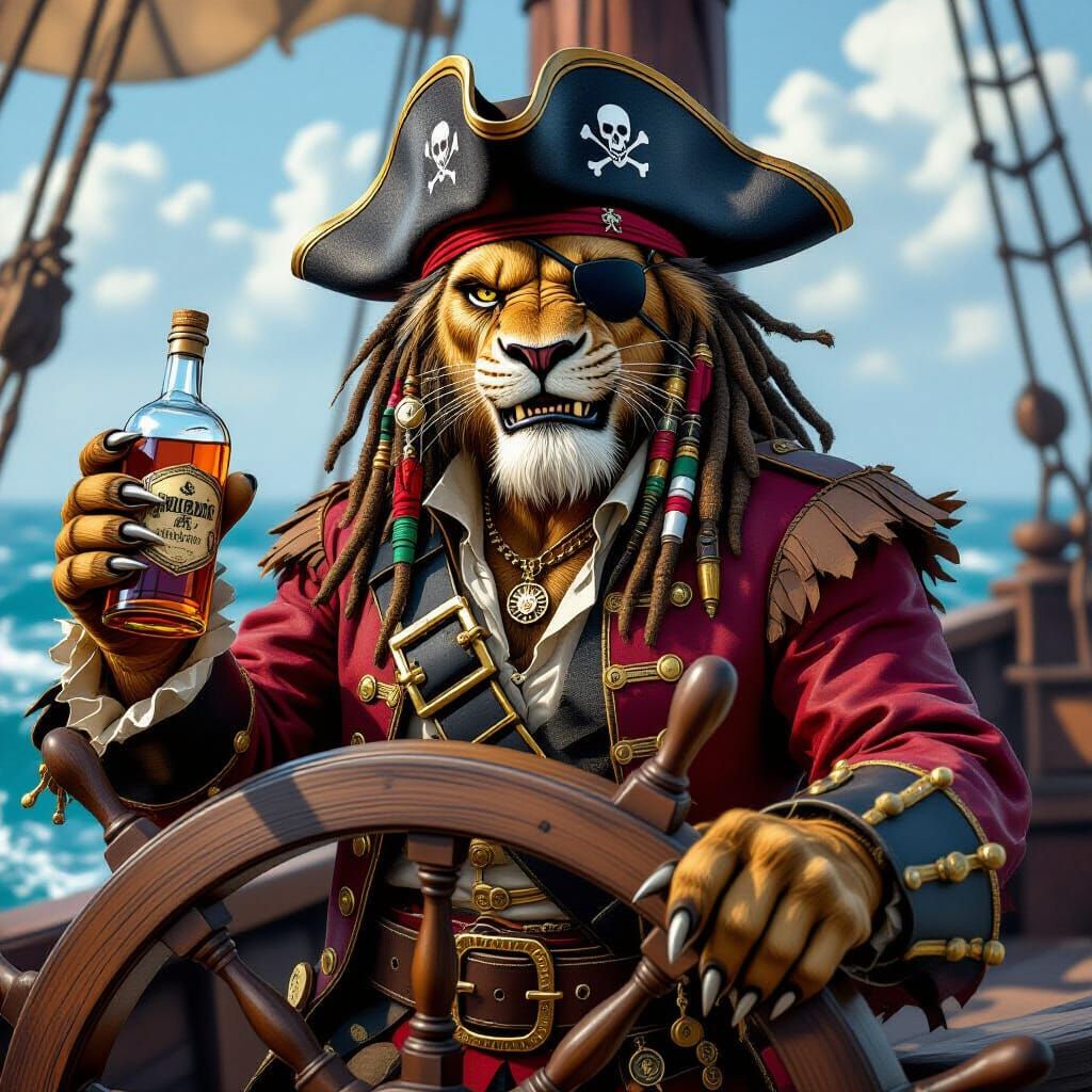 Lion Pirate Captain on Stormy Seas