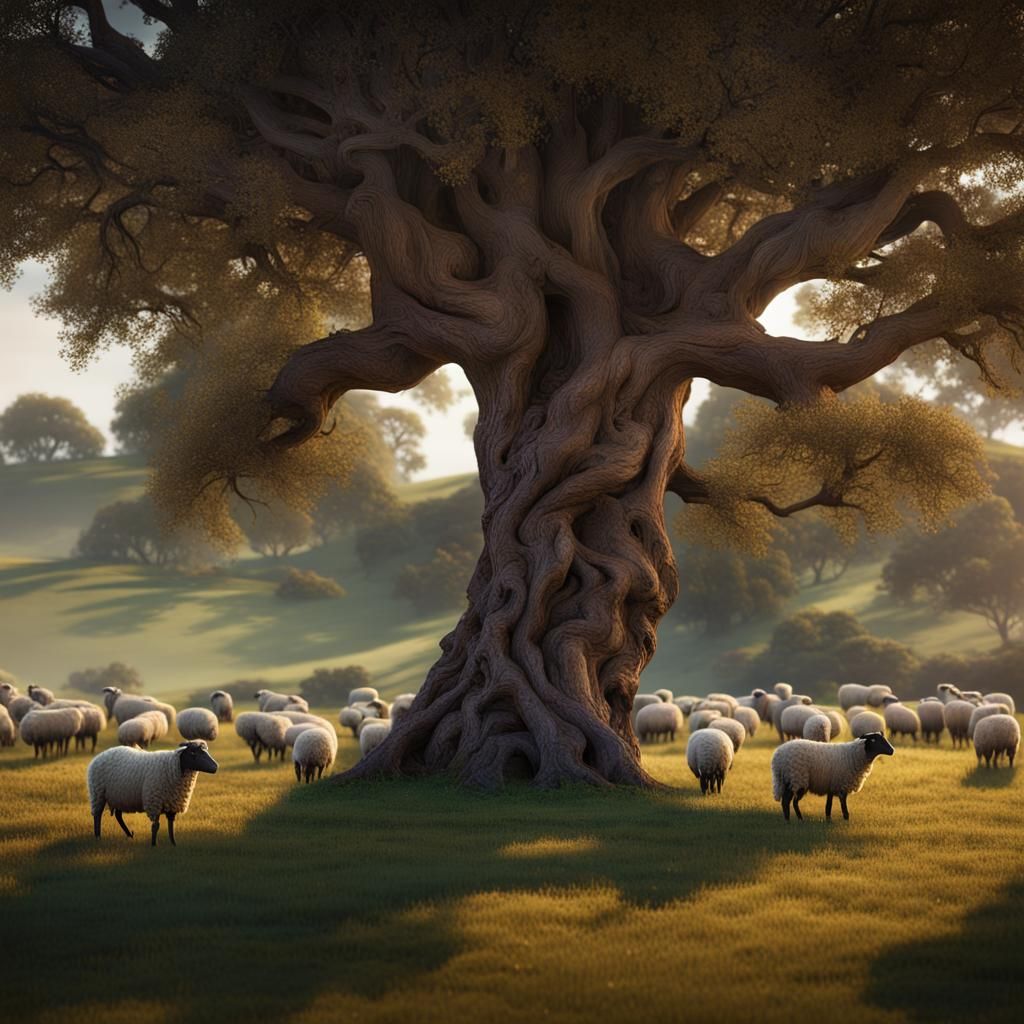 Pastoral Scene with Grazing Sheep in Matte Painting Style