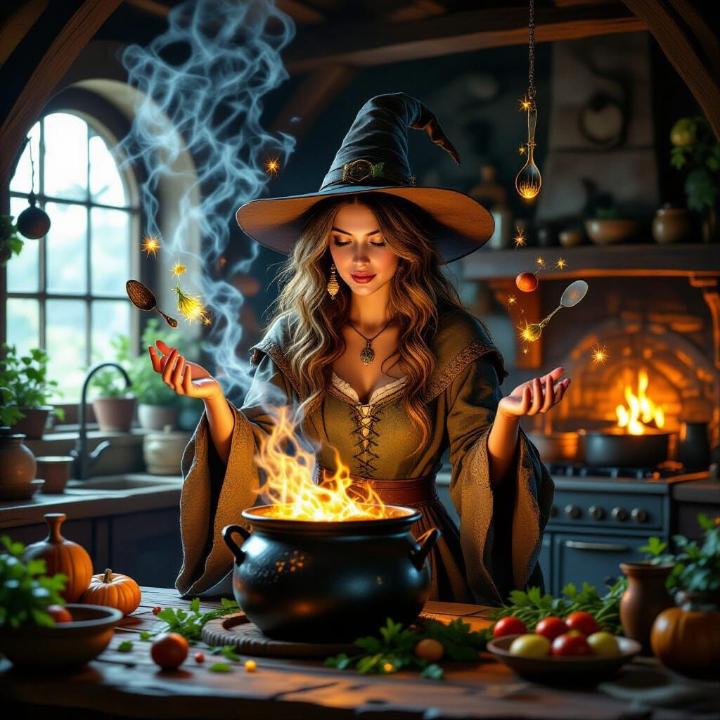 Mystical Witch Cooking with Levitating Ingredients in Cozy K...