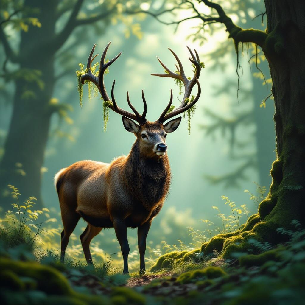 Majestic Stag in Sun-Dappled Forest with Glowing Antlers