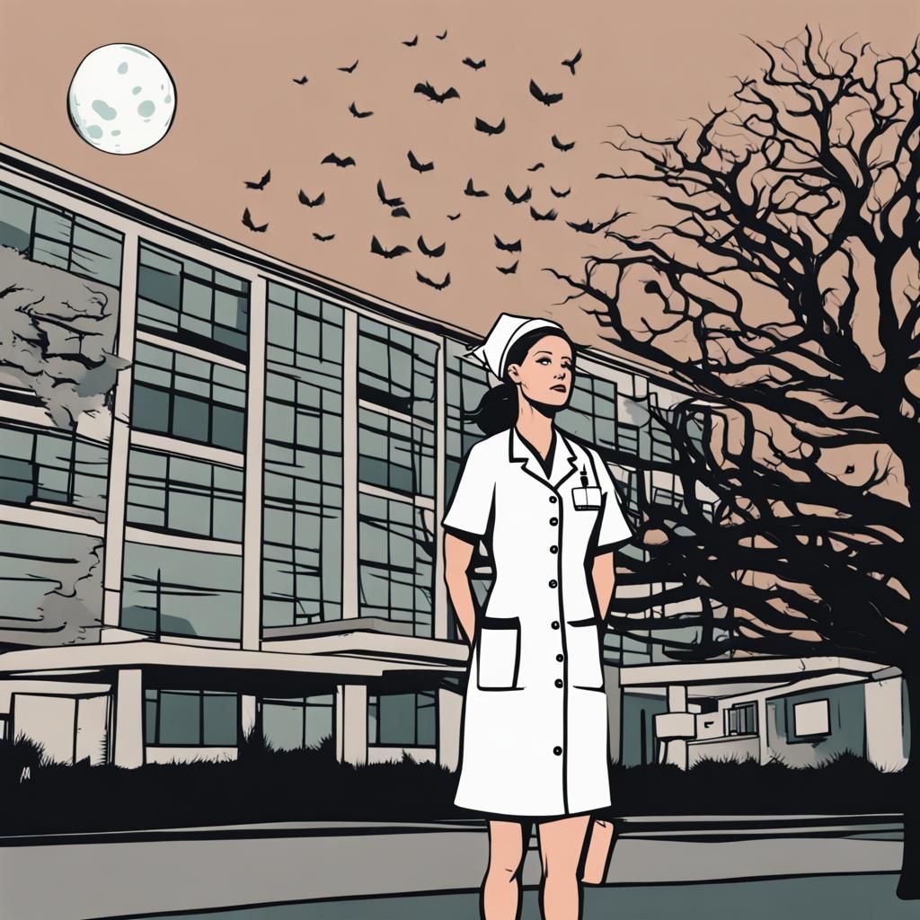 Stressed Nurse Under Half Moon Near Hospital