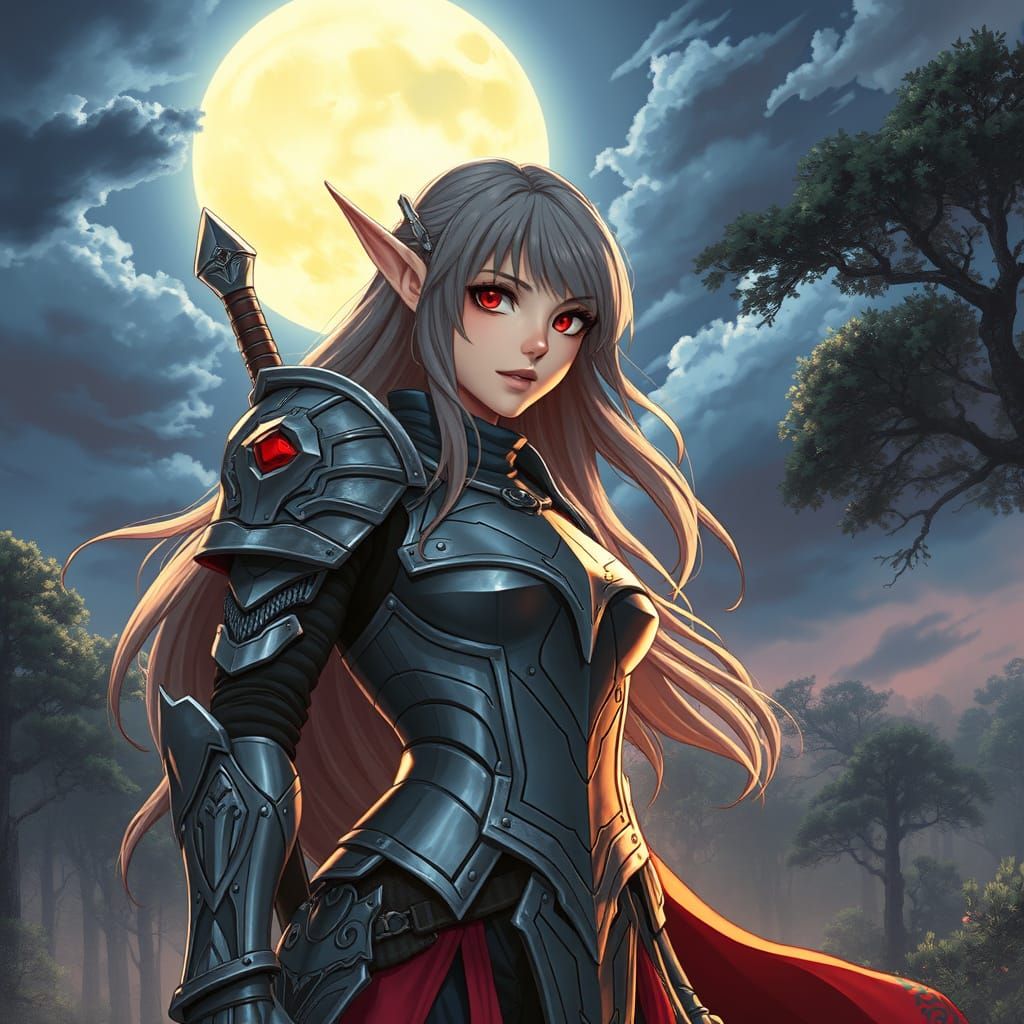 Mysterious Elf Warrior in Dark Anime Fantasy Landscape