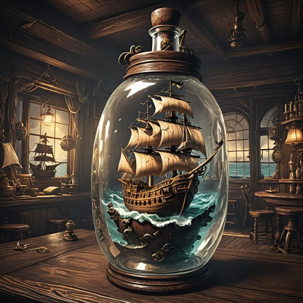Pirate Ship in a Bottle on Rough Seas