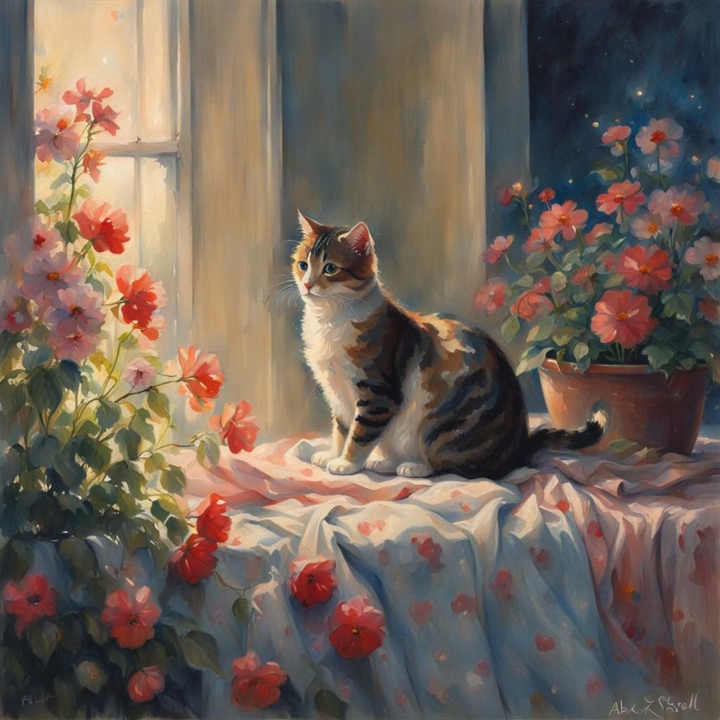 Cute Cat Surrounded by Flowers and Lights