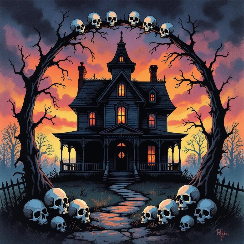 Gothic Haunted House Surrounded by Skulls in Brom's Style