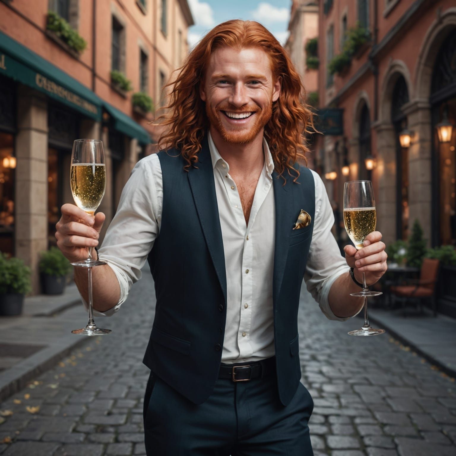 Smiling Redhead with Champagne: Detailed Fantasy Art
