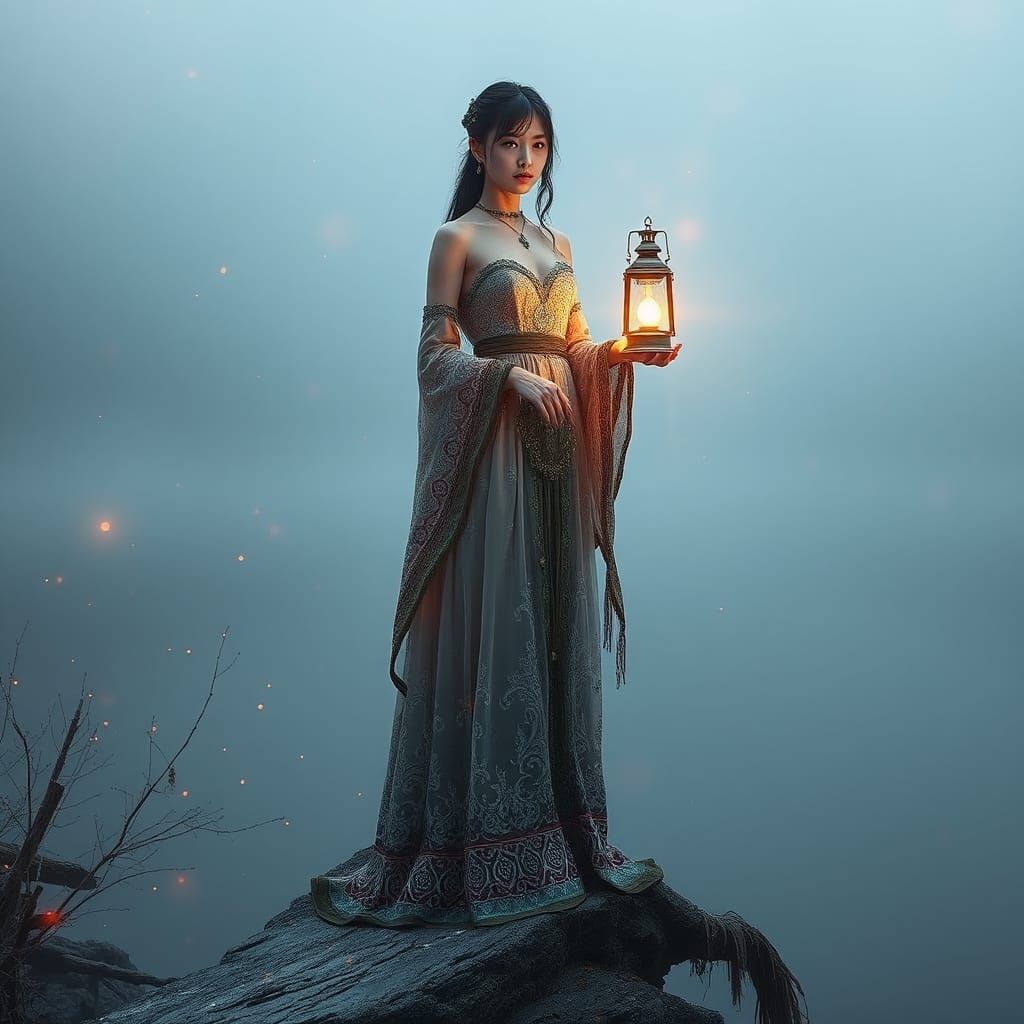 Priestess with Lantern on Lake Rock in Red Light
