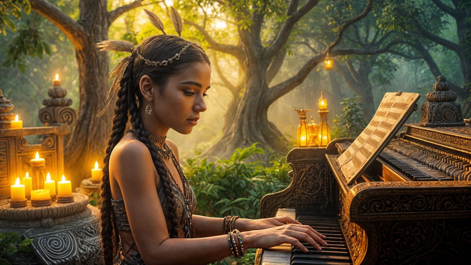 Bohemian Woman Plays Piano in Magical World