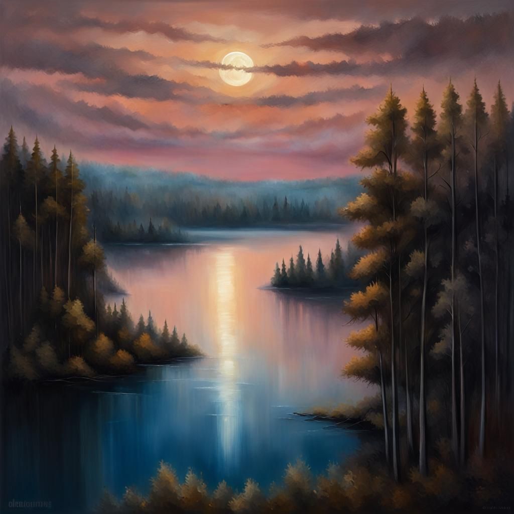 Twilight Lake: Aerial Landscape Painting with Moon