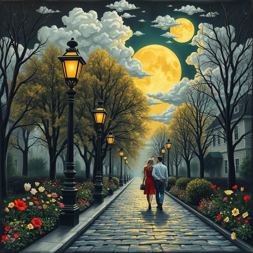 Art Nouveau Streetlamps in Moonlight