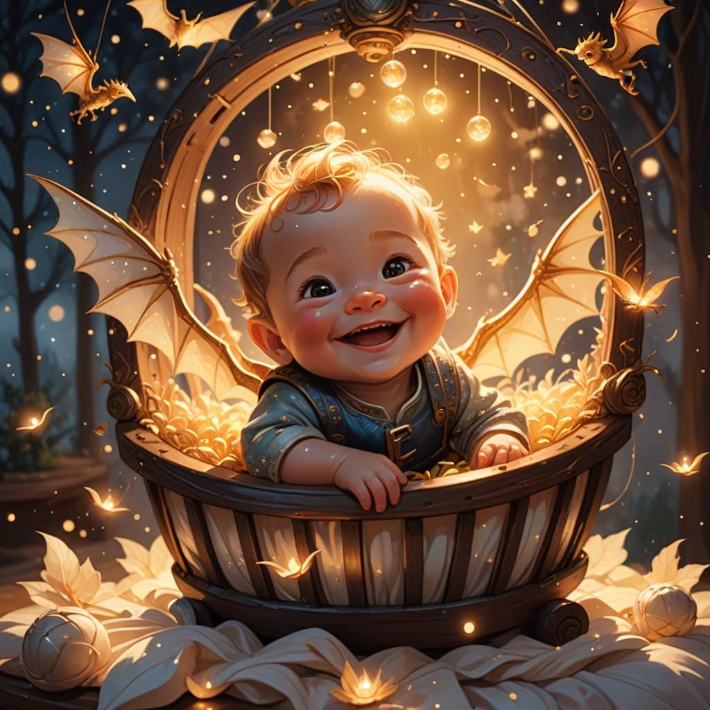 Joyful Baby With Glimmering Dragon Scales in Magical Cradle