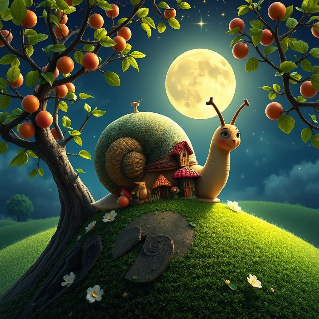 Un caracol al estilo Pixar sobre un tronco, rodeado de árboles primaverales con manzanas rojas y hojas verdes, bajo una ...