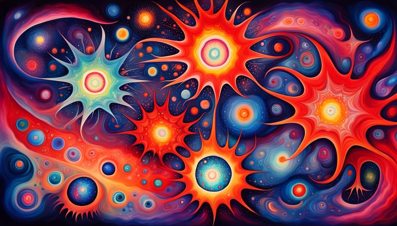 Surrealistic Cosmic Art with Swirling Plasma Stars