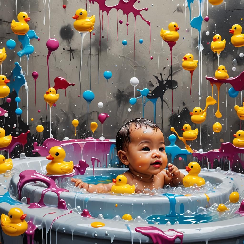 Baby Playing in Bathtub: Vibrant Street Art