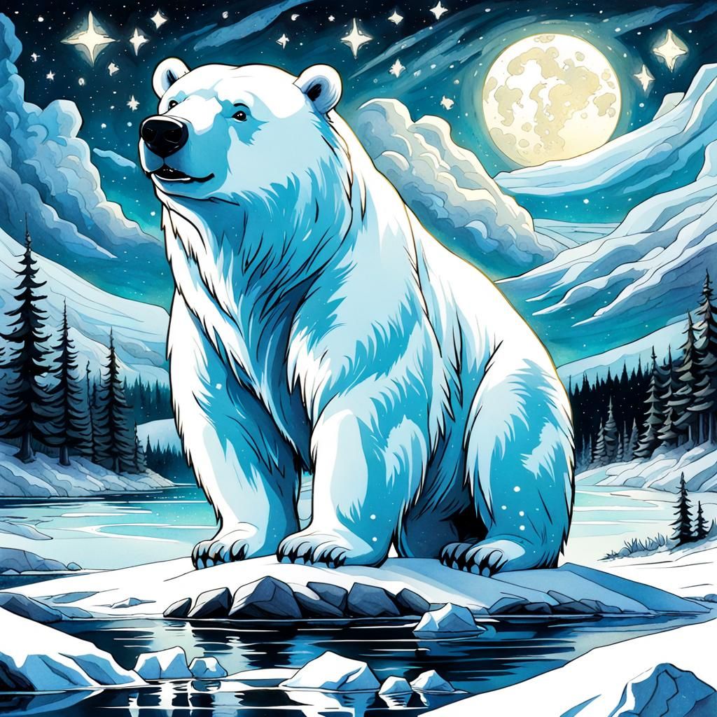 Bioluminescent Ice Bear Under Starry Night Sky