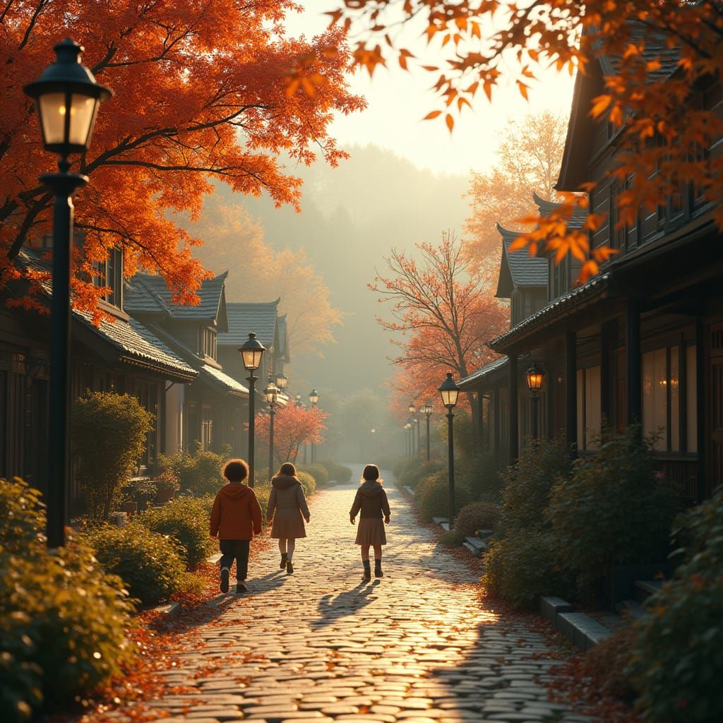 Peaceful Autumn Village with Falling Leaves